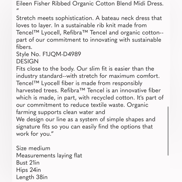 NWT Eileen Fisher Ribbed Organic Cotton Blend Midi Dress - Picture 6 of 6